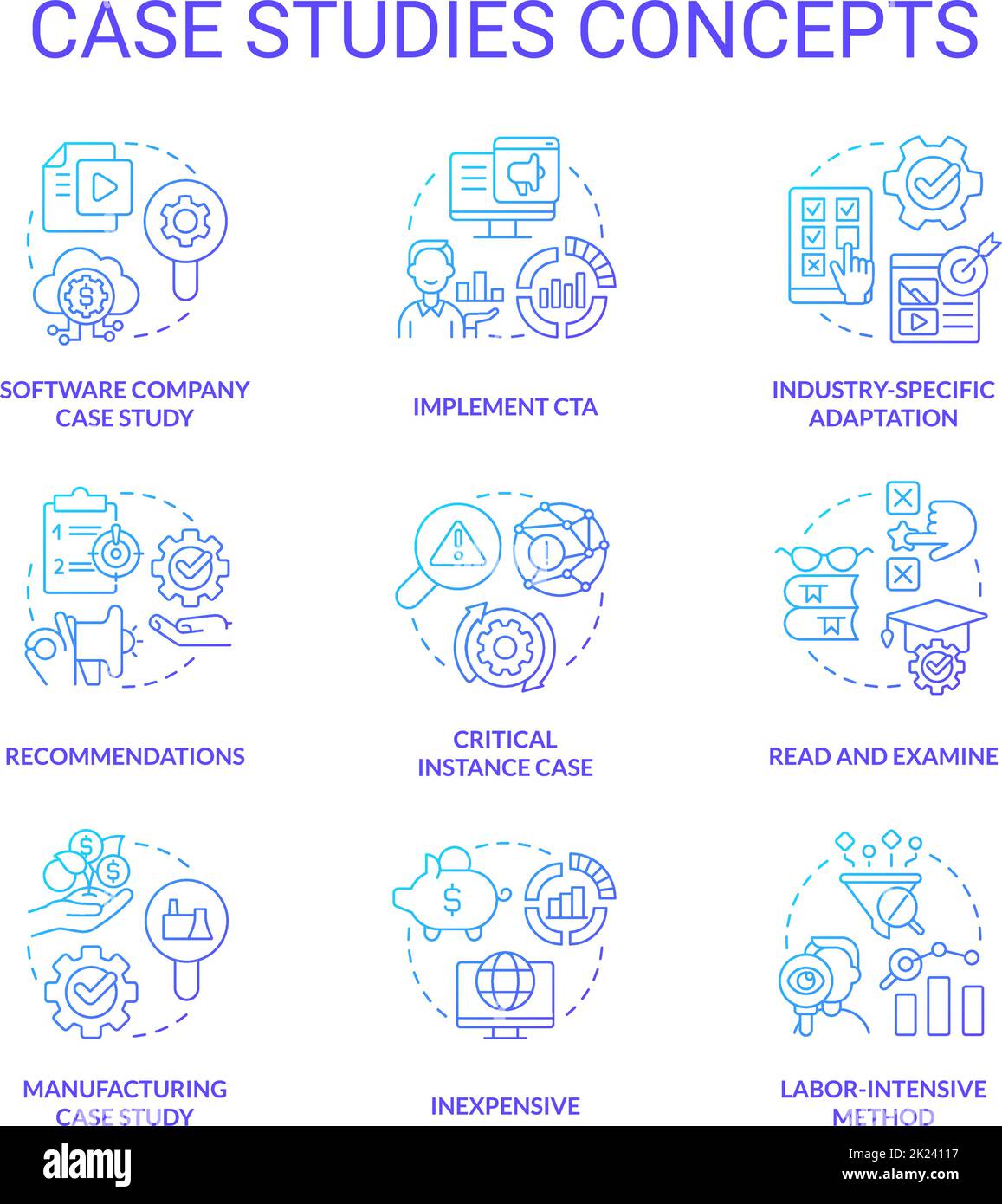 Case studies blue gradient concept icons set Stock Vector