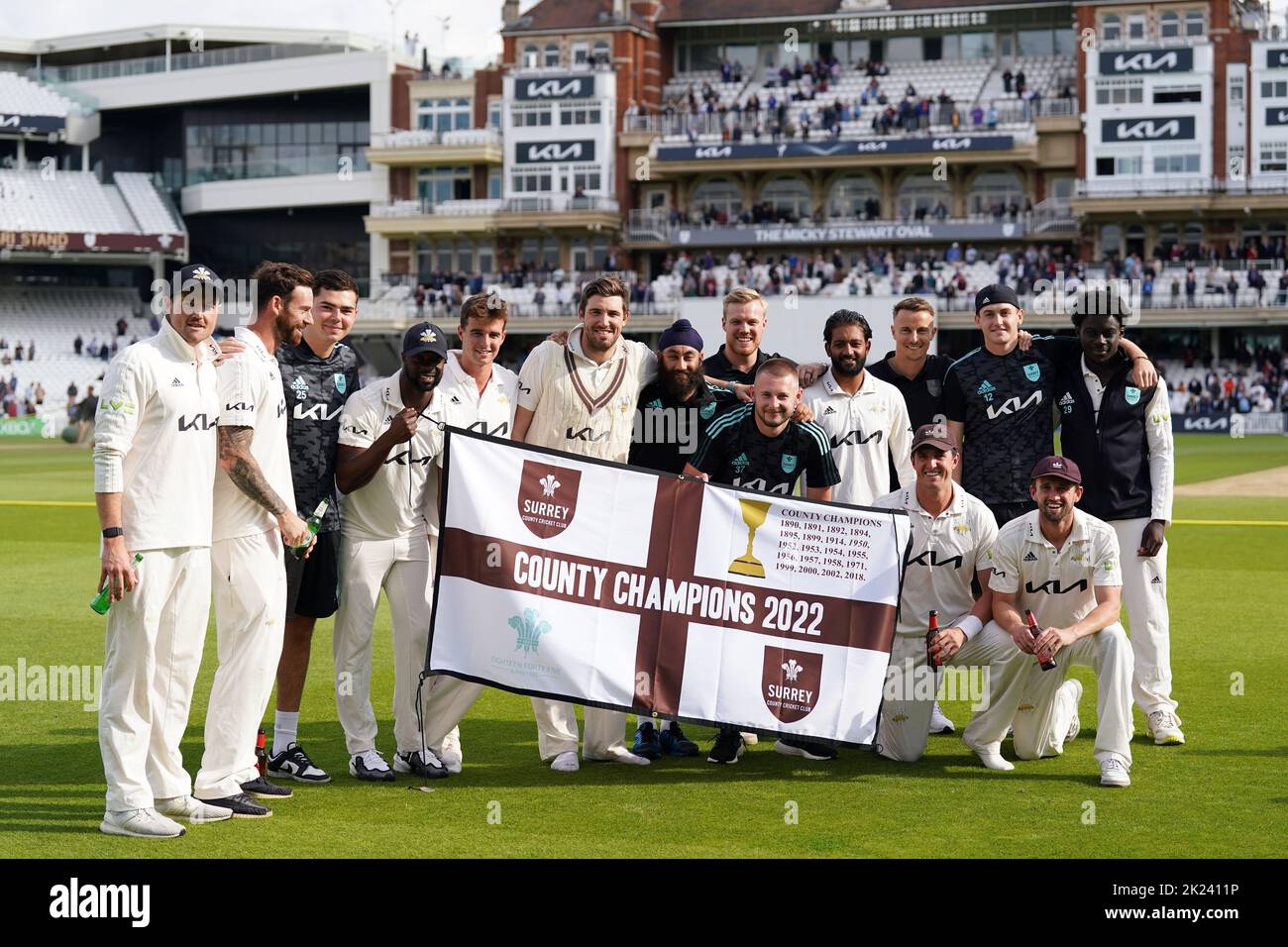 Surrey celebrate winning the LV= Insurance County Championship division one at The Oval, London. Picture date: Thursday September 22, 2022. Stock Photo