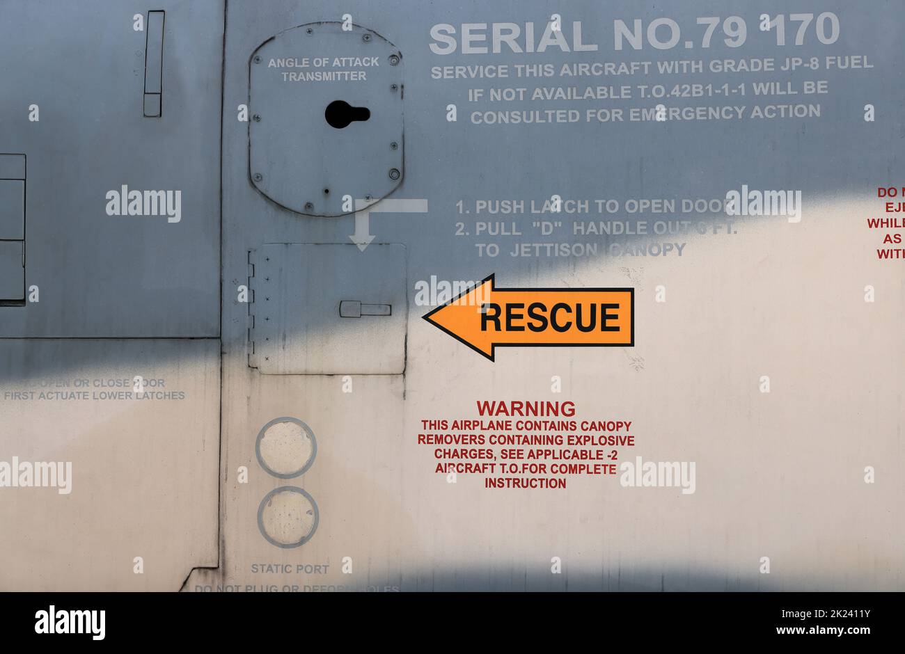 Rescue warning sign on fuselage of modern jet fighter. Stock Photo