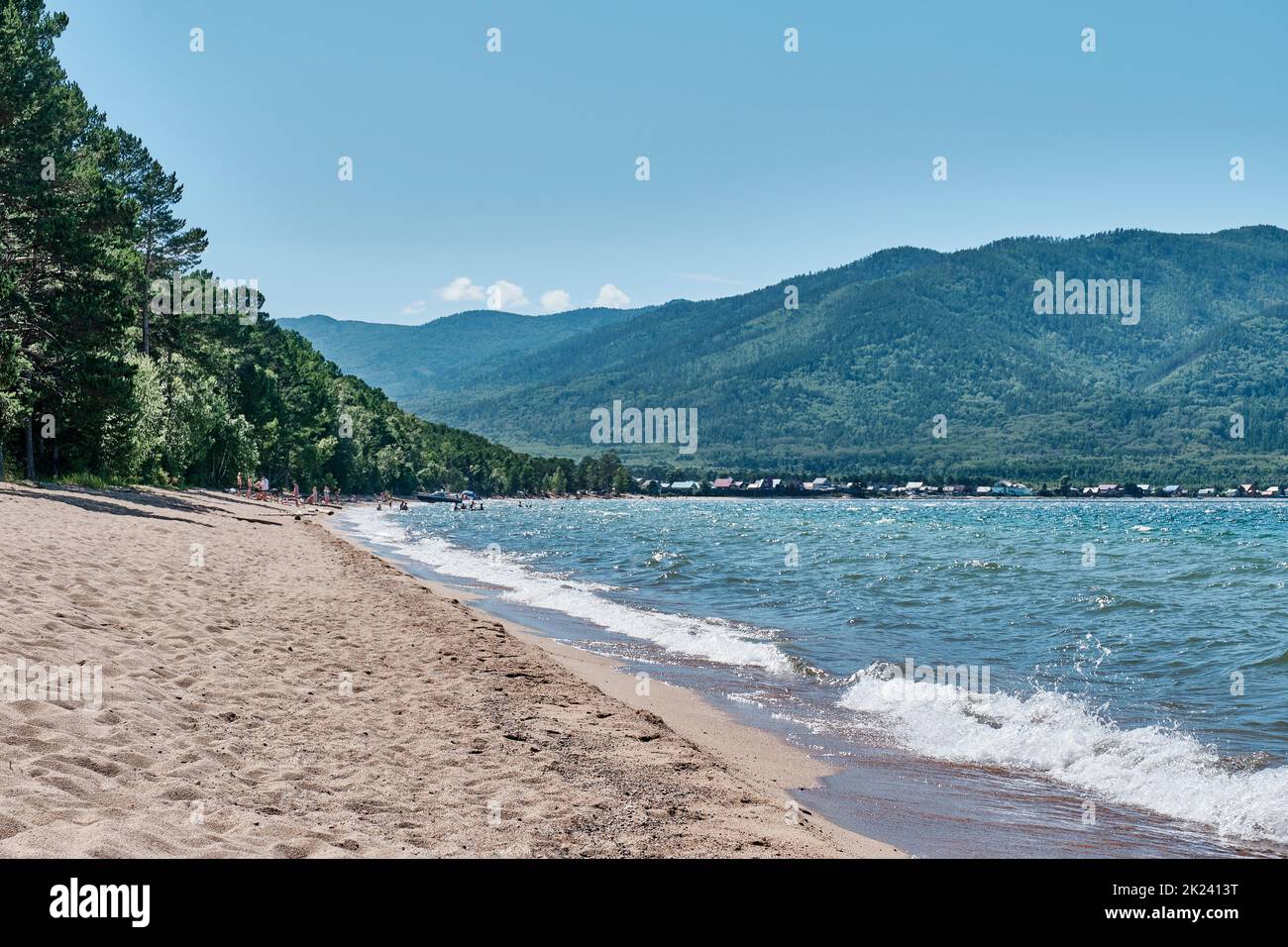 Sandy beach near Maksimikha village, Buryatia, Russia. Barguzinsky Bay ...