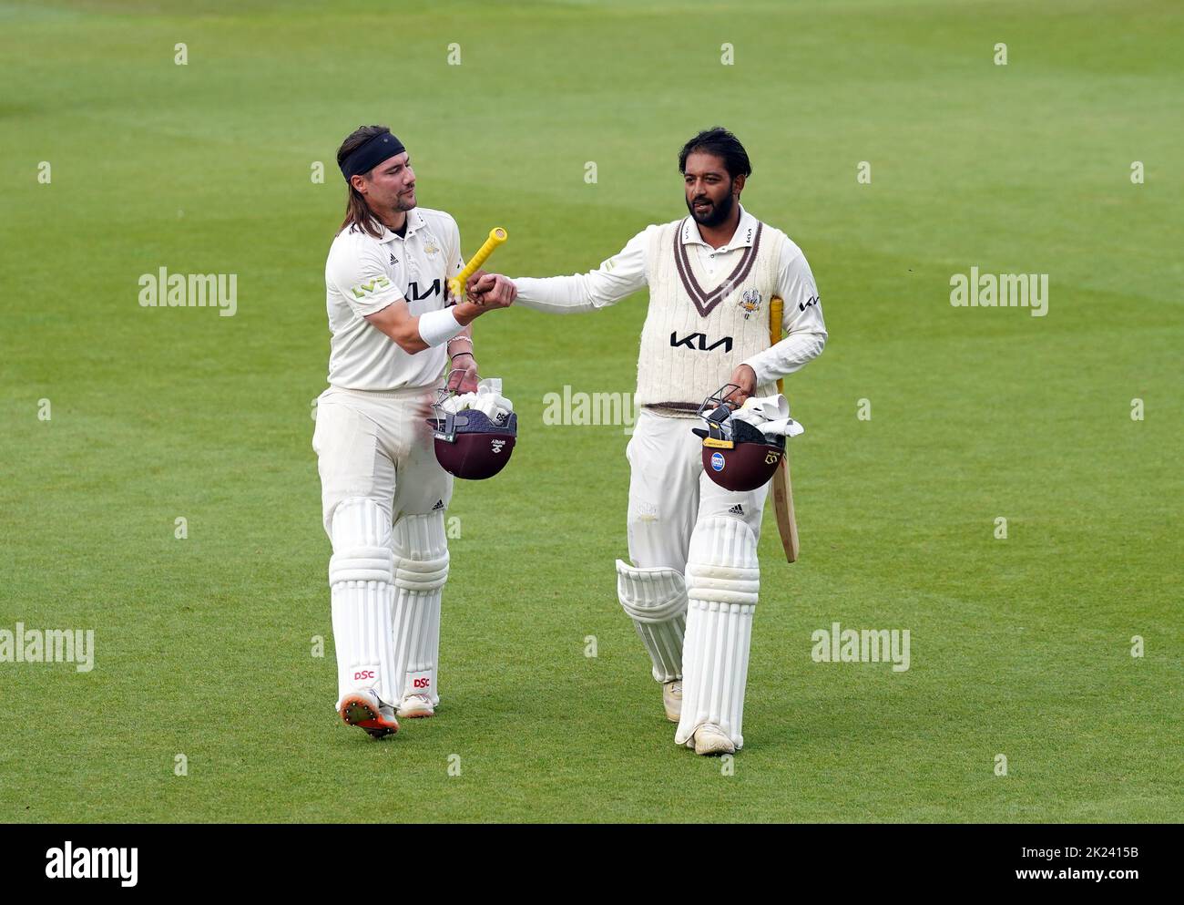 Surrey's Rory Burns (left) and Ryan Patel celebrate winning the LV= Insurance County Championship division one title at the Oval, London. Picture date: Thursday September 22, 2022. Stock Photo