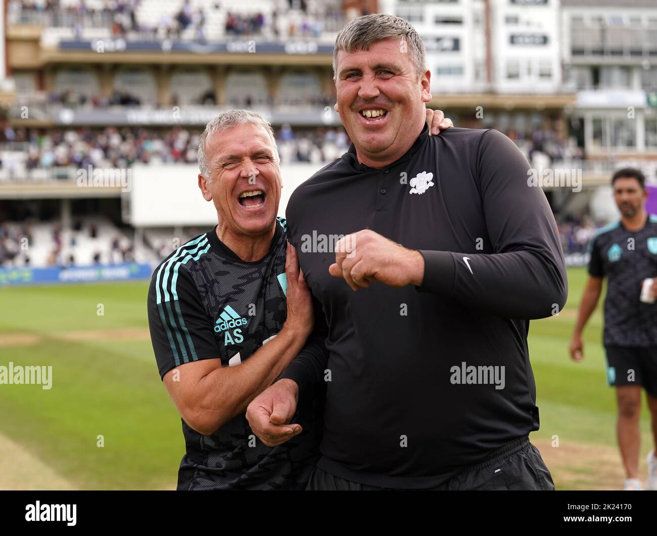 Surrey coach Alex Stuart (left) celebrates with the head groundsman, Lee Fortis, after winning the LV= Insurance County Championship division one title at the Oval, London. Picture date: Thursday September 22, 2022. Stock Photo