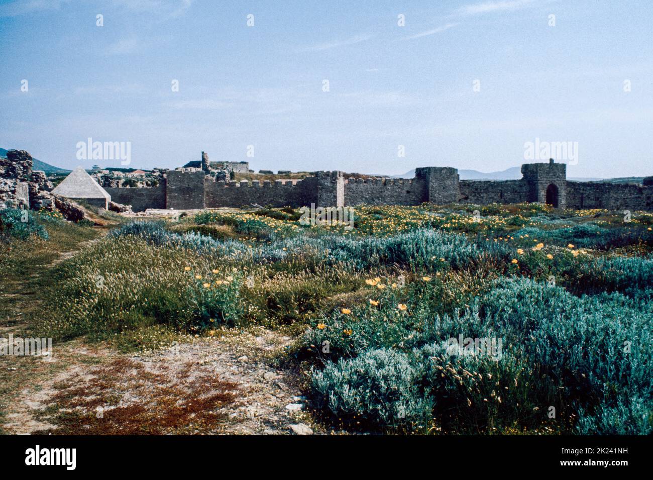 Castle of Methoni - a medieval fortification in the port town of Methoni (Messenia, Modon) - a village and a former municipality in Messenia, Peloponnese, Greece. April 1980. Archival scan from a slide. Stock Photo
