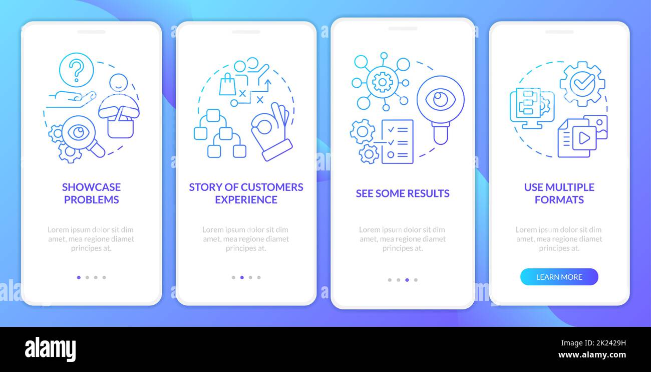 Elements of case study blue gradient onboarding mobile app screen Stock Vector