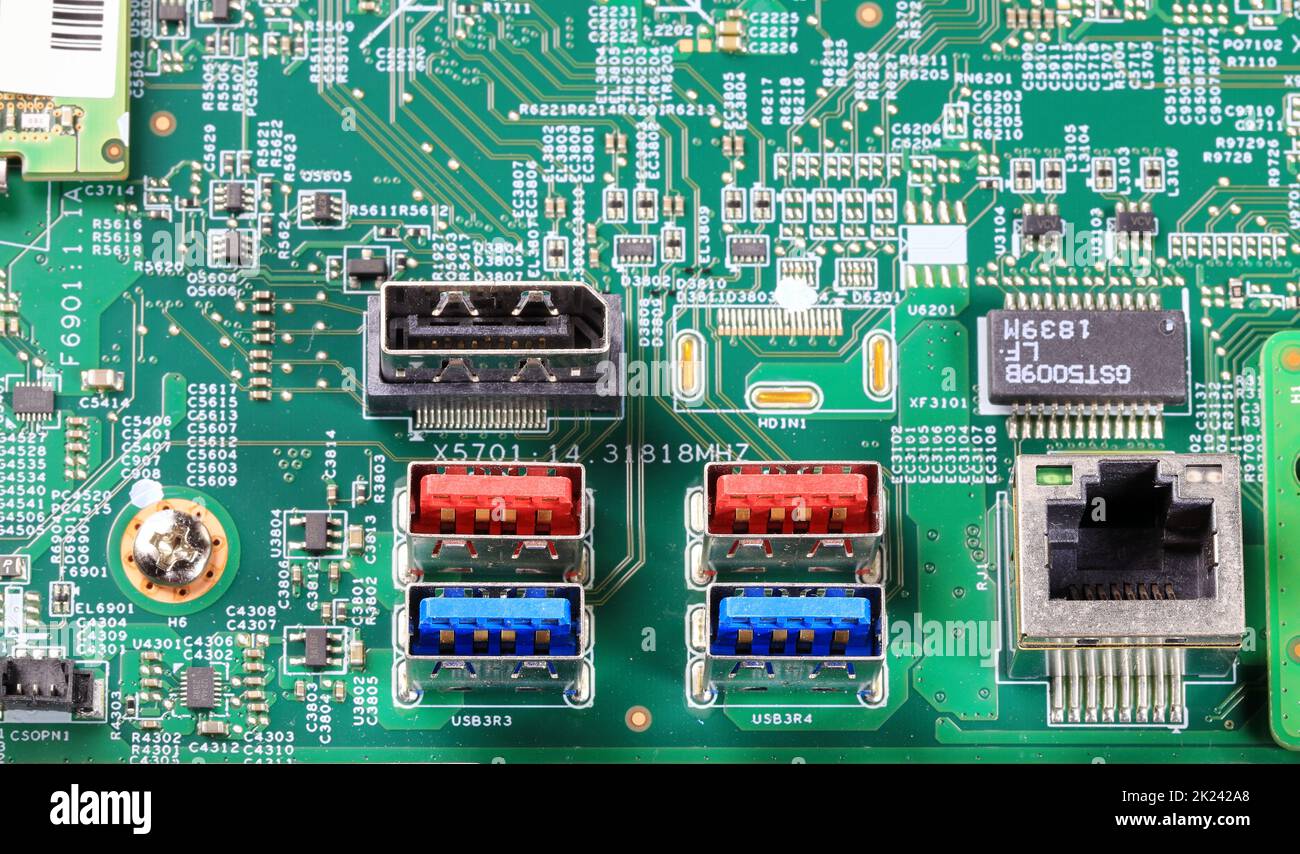 Multiple ports on computer mainboard show with USB, LAN, Display port. Stock Photo
