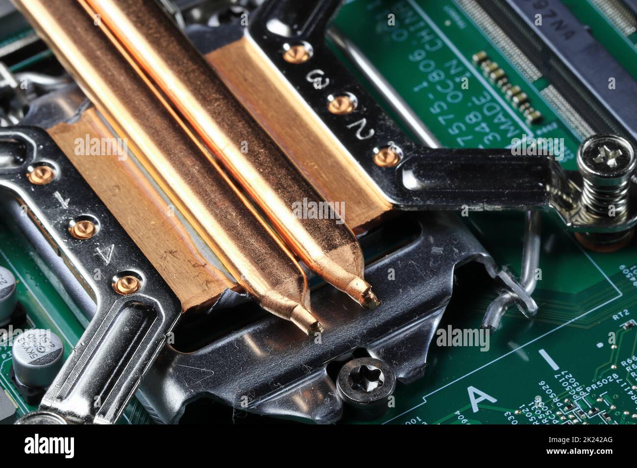 Close up heat sink or heat pipe or computer processor cooler or