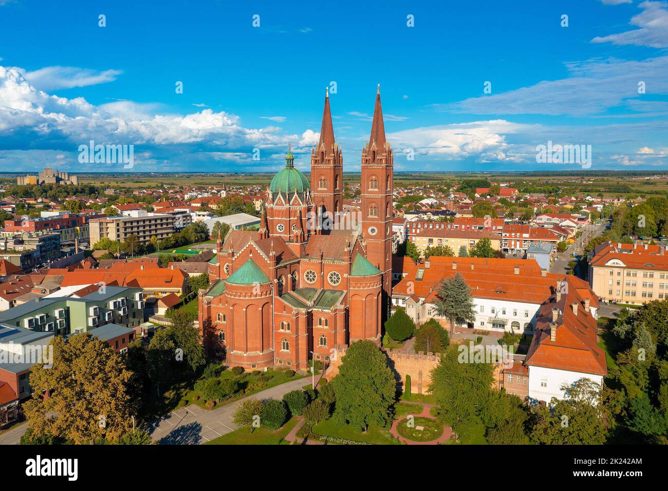 Aerial photo of a cathedral in Đakovo town, Croatia Stock Photo
