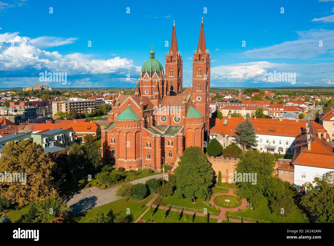 Aerial photo of a cathedral in Đakovo town, Croatia Stock Photo
