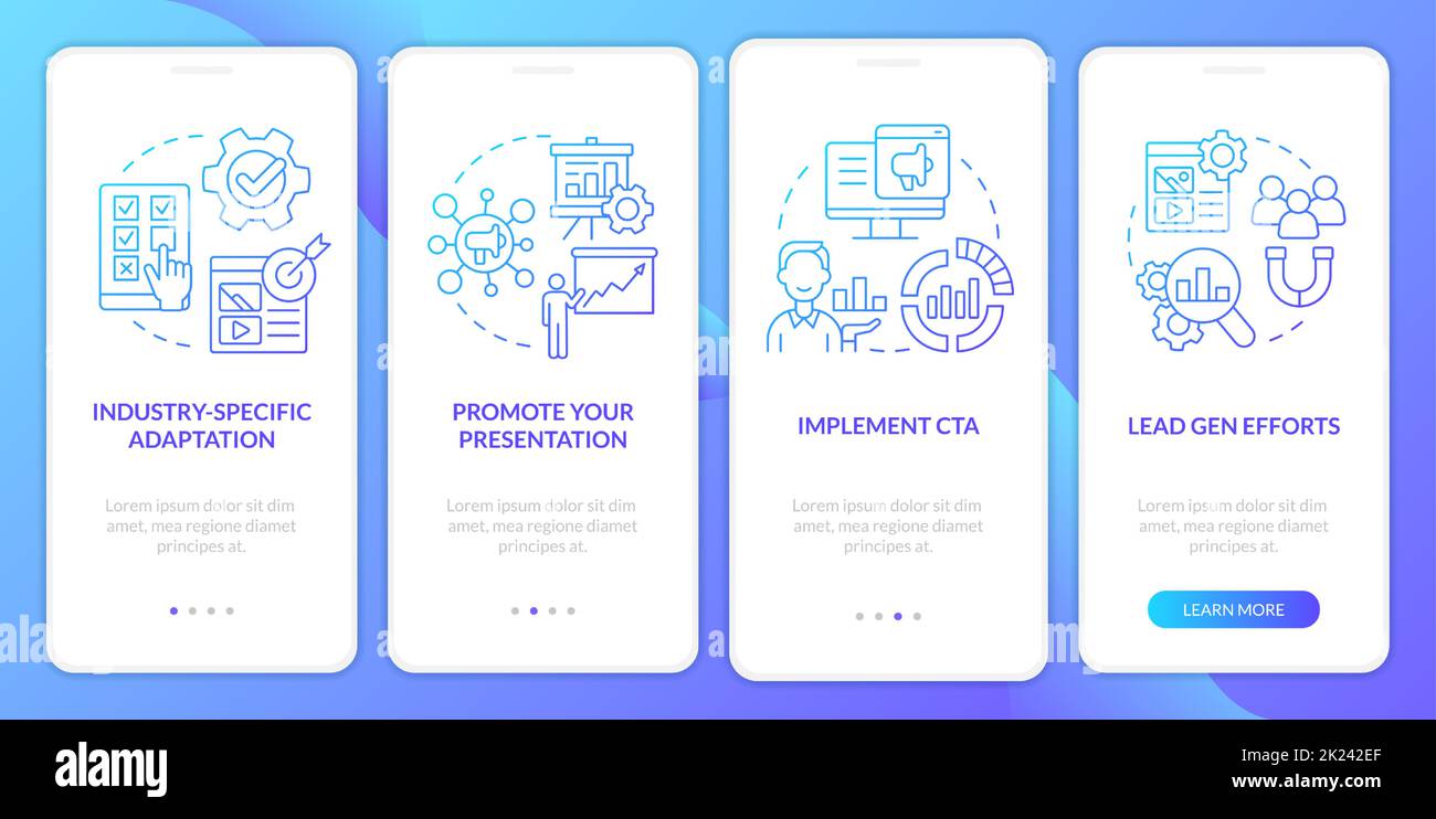 Marketing case study blue gradient onboarding mobile app screen Stock Vector