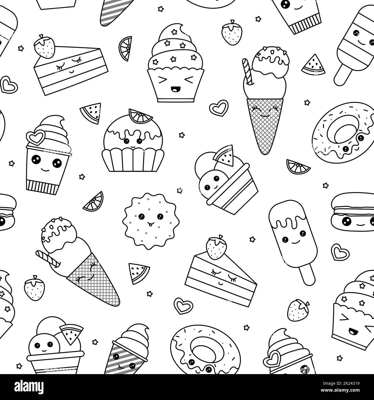 Kawaii coloring book, vector pattern of kawaii dessert. Black and white ...