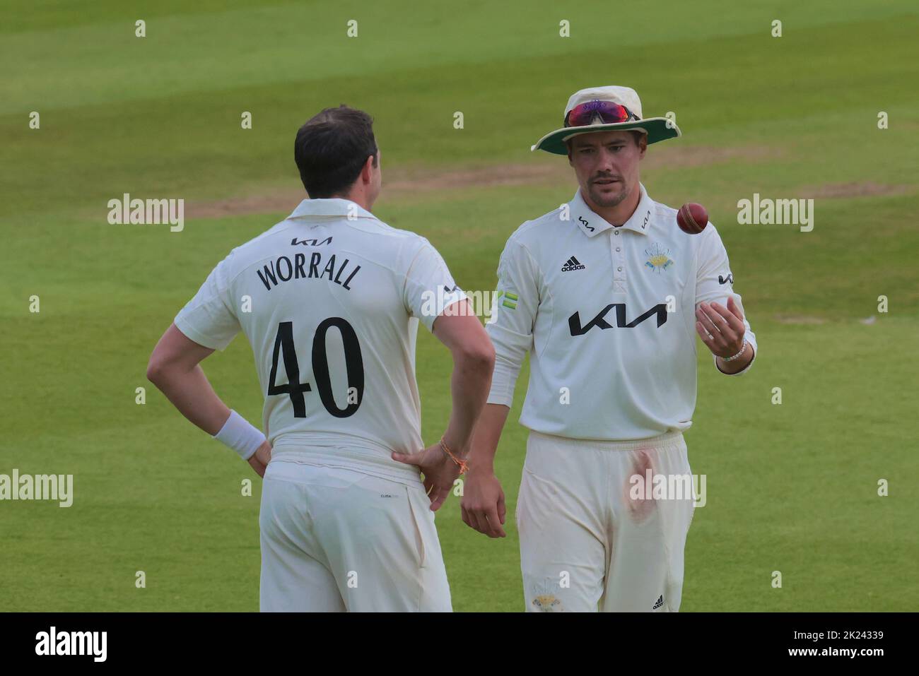 22 September, 2022. London, UK. Surrey’s Dan Worrall and Rory Burns as Surrey take on Yorkshire in the County Championship at the Kia Oval, day three David Rowe/Alamy Live News Stock Photo