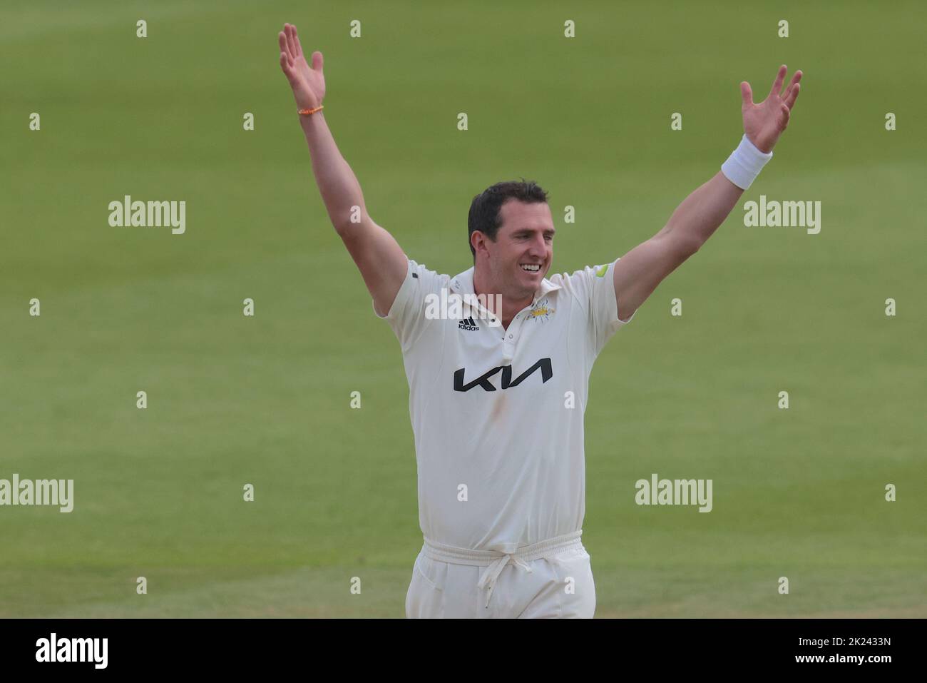 22 September, 2022. London, UK. Surrey’s Dan Worrall celebrates after getting the wicket of Jordan Thompson as Surrey take on Yorkshire in the County Championship at the Kia Oval, day three David Rowe/Alamy Live News Stock Photo