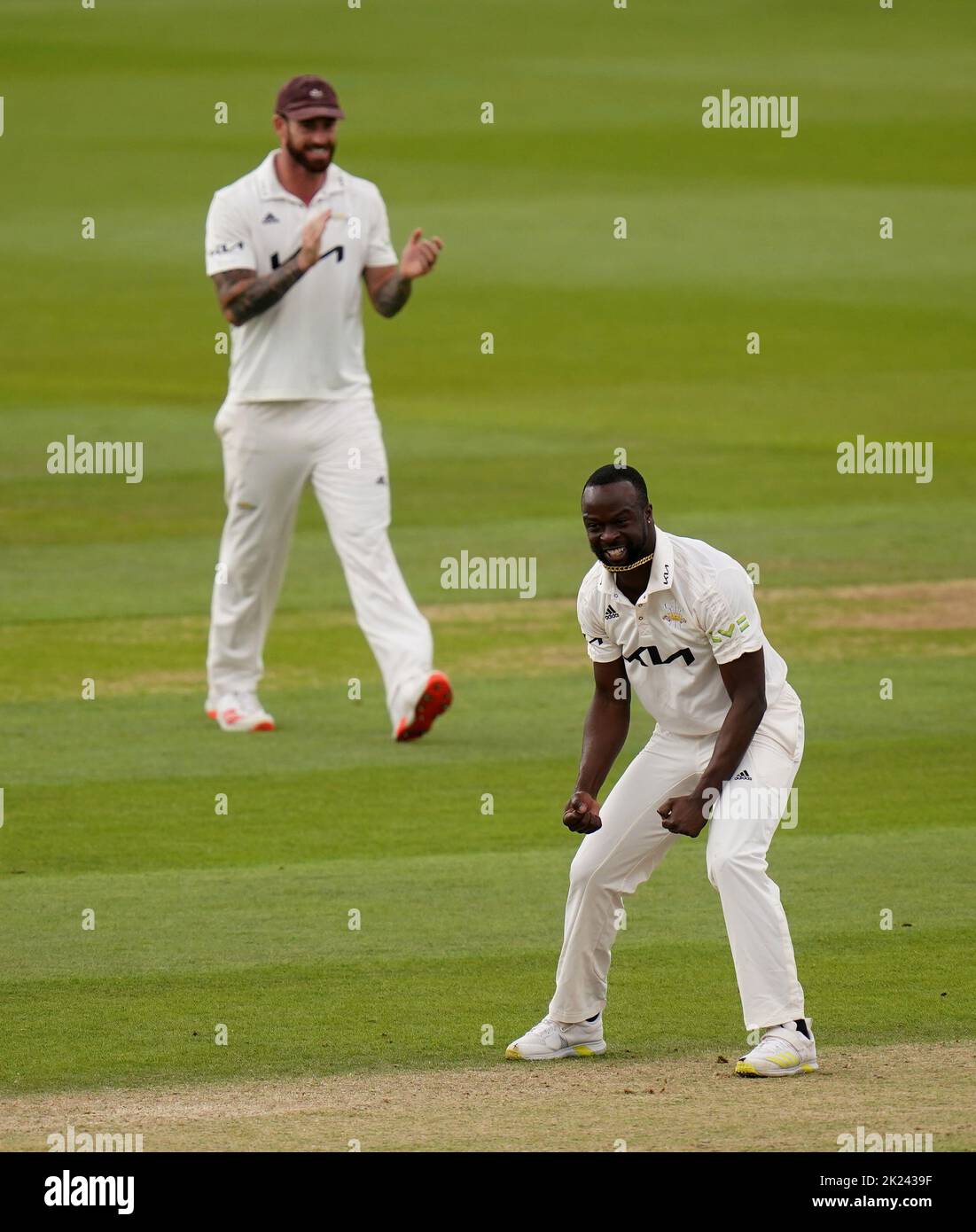 Surrey's Kemar Roach celebrates taking the wicket of Yorkshire's Dom Bess during day three of the LV= Insurance County Championship division one match at The Oval, London. Picture date: Thursday September 22, 2022. Stock Photo