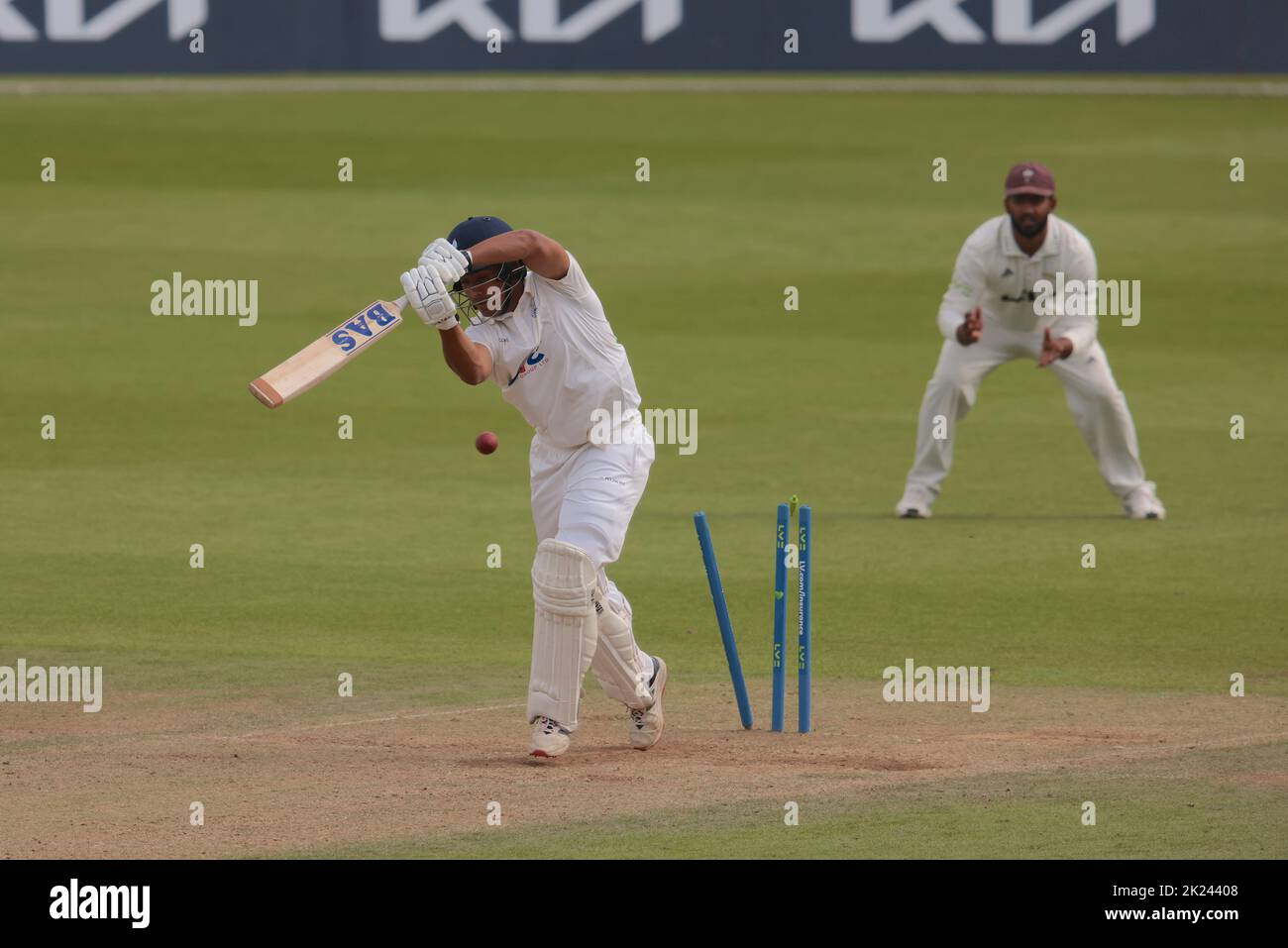 22 September, 2022. London, UK. Yorkshire’s Ben Mike is bowled by Dan Worrall as Surrey take on Yorkshire in the County Championship at the Kia Oval, day three David Rowe/Alamy Live News Stock Photo