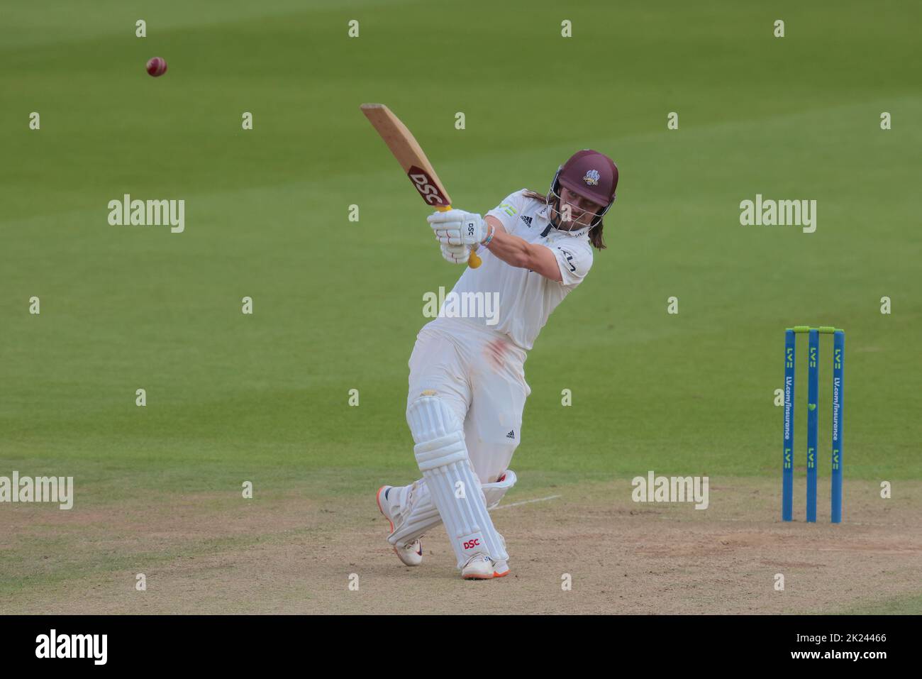 22 September, 2022. London, UK. Surrey’s Rory Burns smashes a four back over the top as Surrey take on Yorkshire in the County Championship at the Kia Oval, day three David Rowe/Alamy Live News Stock Photo