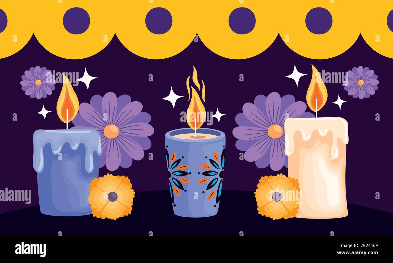 dia de los muertos candles with floral decoration Stock Vector Image
