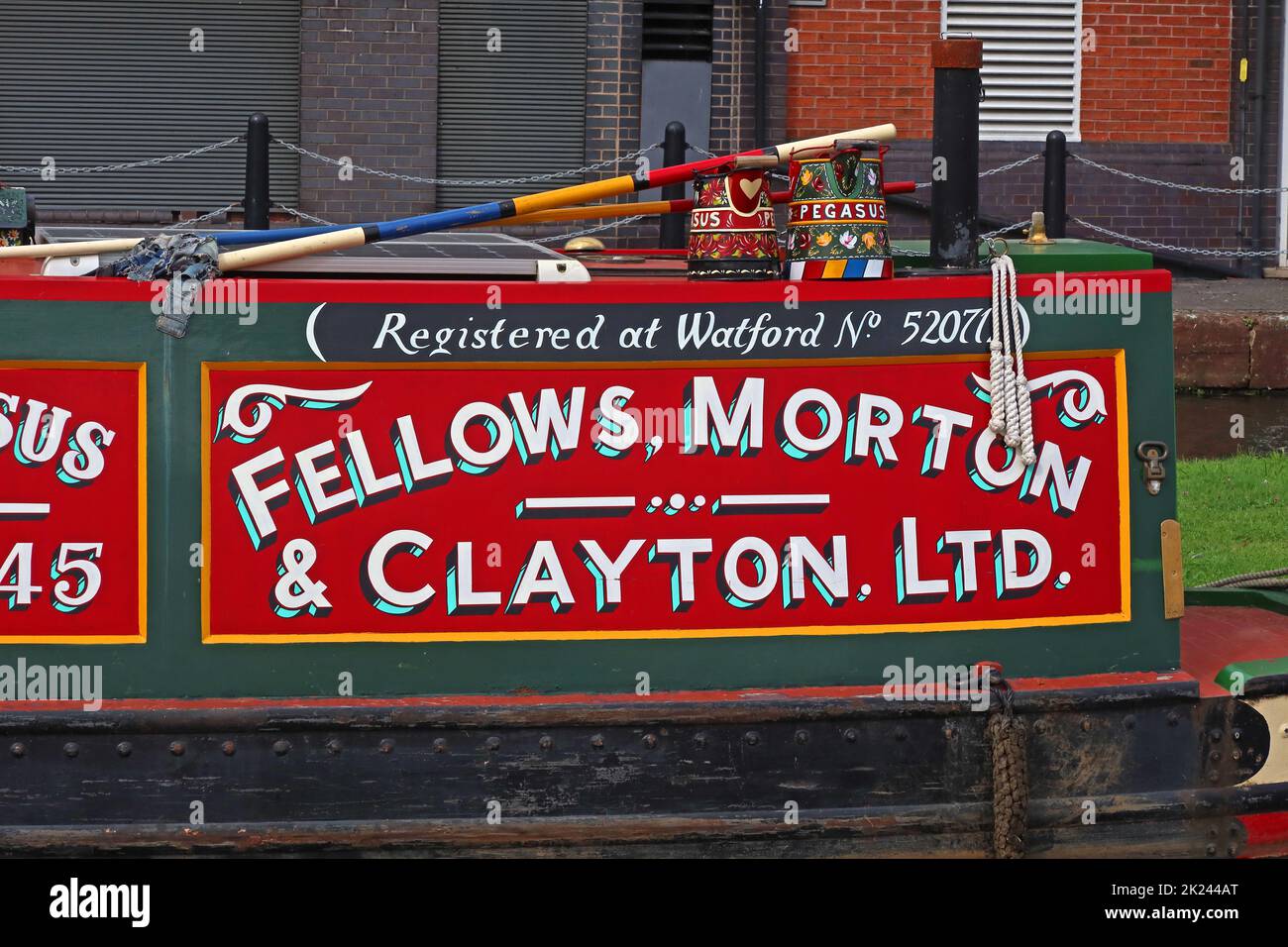 Pegasus, No 245, Fellows Morton & Clayton Ltd, canal barge, registered at Watford, No 52071, at Ellesmere Port, Cheshire, Bridgewater Canal Stock Photo