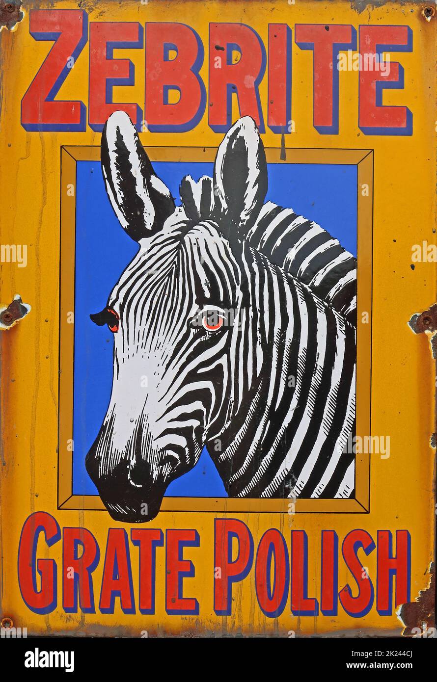 Metal enamel advertising sign for Zebrite, grate polish, 1920s with a zebra Stock Photo