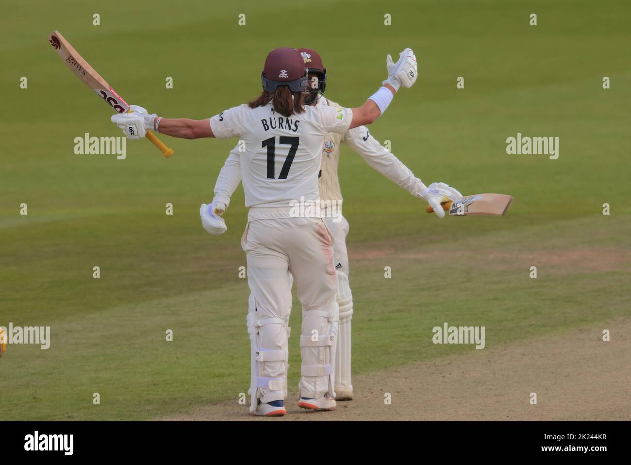 22 September, 2022. London, UK. Surrey’s Rory Burns and Ryan PatelCelebrate after winning the game and also the Chmpionship title as Surrey take on Yorkshire in the County Championship at the Kia Oval, day three David Rowe/Alamy Live News Stock Photo