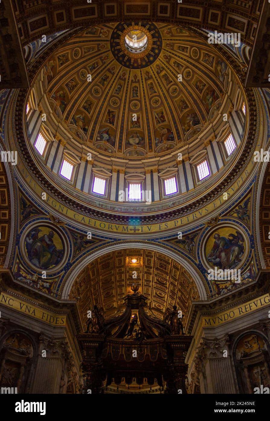 A picture of the interior of the St. Peter's Basilica and its iconic dome. Stock Photo