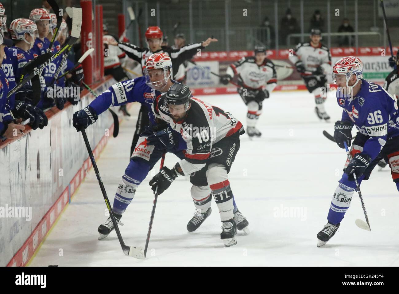 Umkämpftes Duell an der Bande vs Peter Spornberger (SERC Wild Wings) und Jon Matsumoto (Kölner Haie), Tyson Spink (SERC Wild Wings) beobachtet das Ges Stock Photo