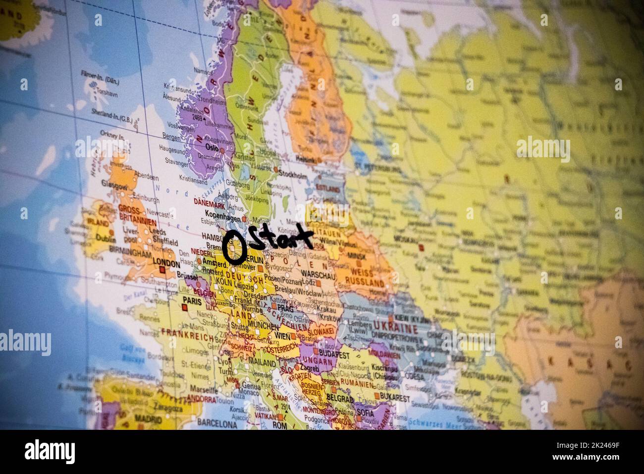 Start a world trip and plan your route on the world map. Select route from Europe via Africa to Asia. Stock Photo
