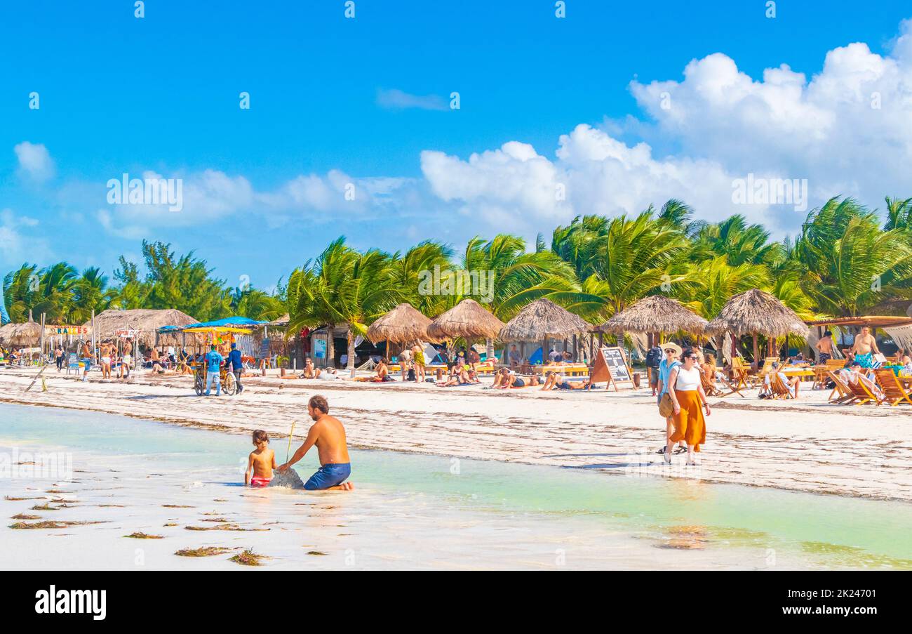 Holbox Mexico 21. December 2021 Panorama landscape view on beautiful Holbox island sandbank and beach with waves turquoise water and blue sky in Quint Stock Photo
