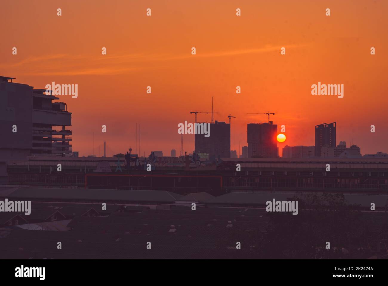 Panorama of capital city. Cityscape at sunset colorful cloudy twilight sky Stock Photo