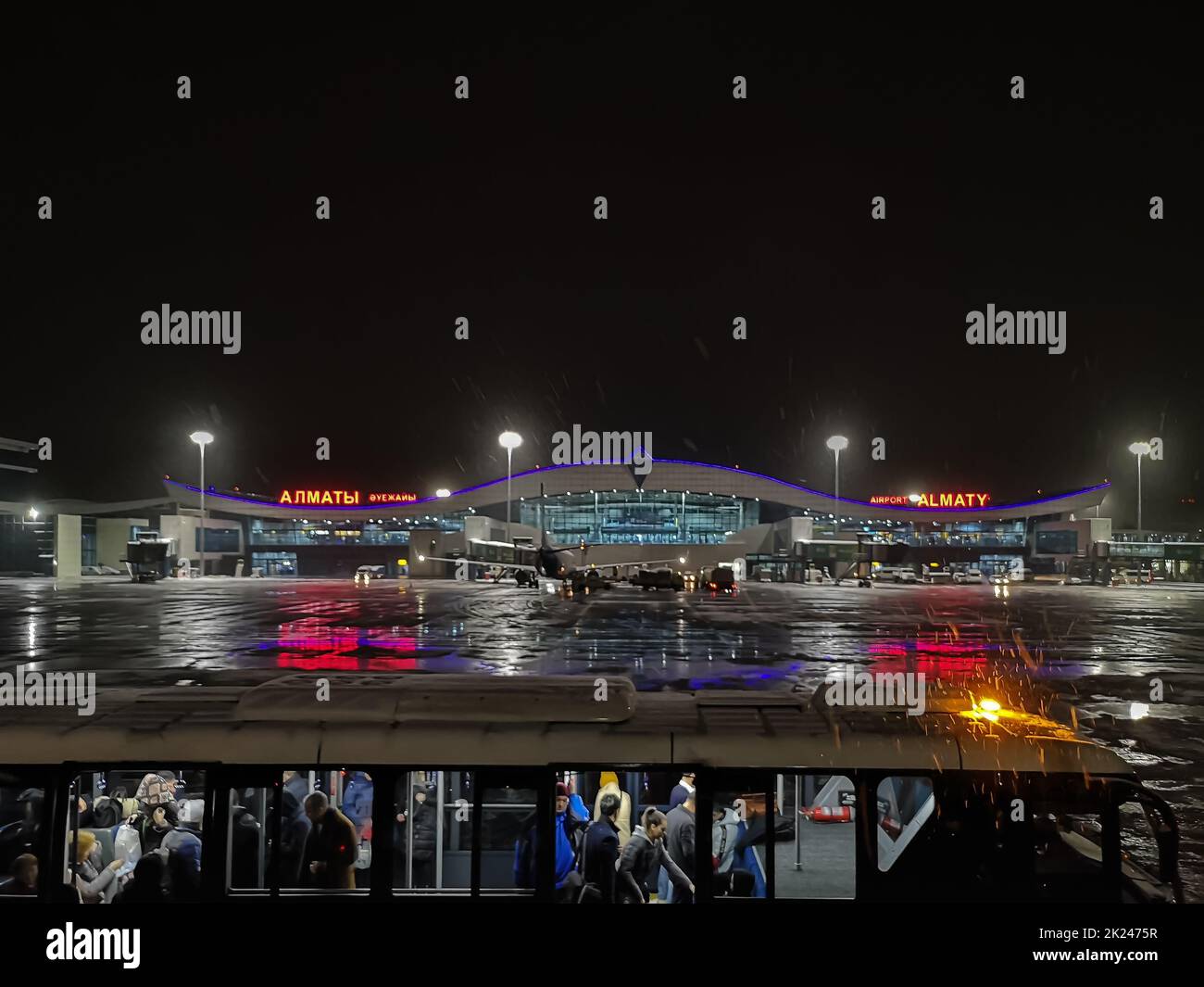 ALMATY, KAZAKHSTAN - NOVEMBER 7, 2019: Night view of Almaty International Airport, Kazakhstan Stock Photo