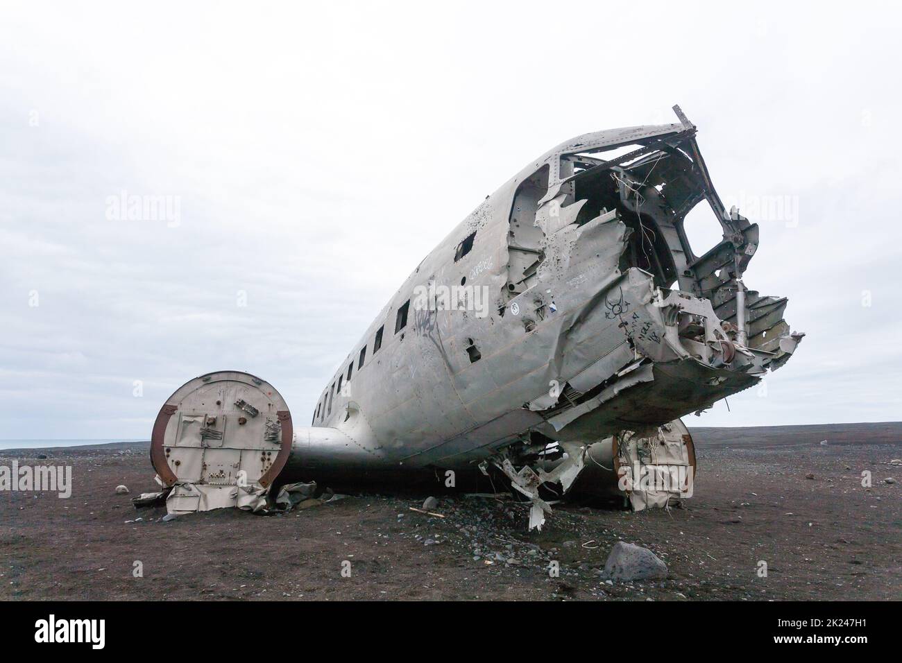 Solheimasandur plane wreck view. South Iceland landmark. Abandoned plane on beach Stock Photo