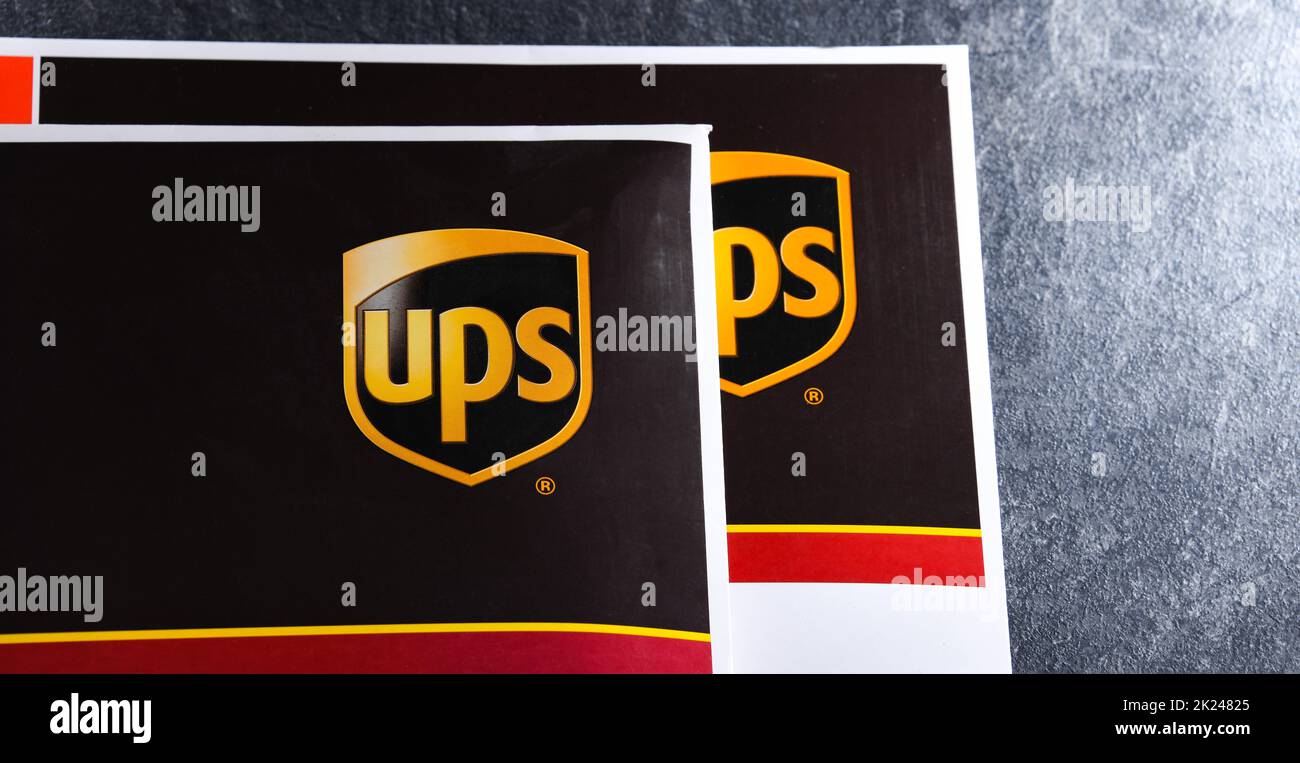 POZNAN, POL DEC 26, 2021 Envelopes of United Parcel Service or UPS