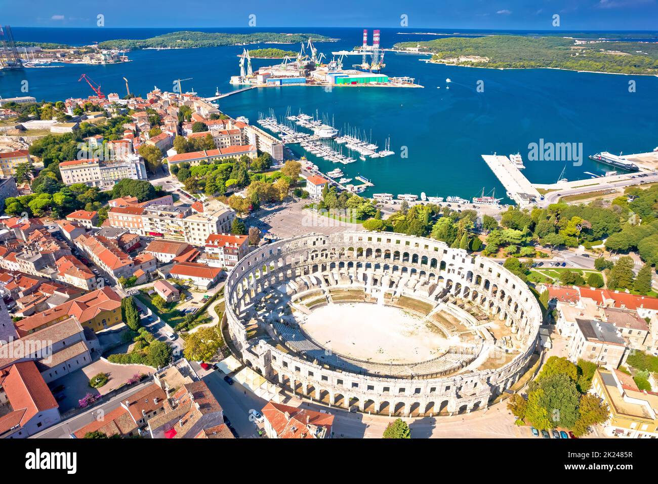 Arena Pula. Ancient ruins of Roman amphitheatre and Pula waterfront aerial view, Istria region of Croatia Stock Photo