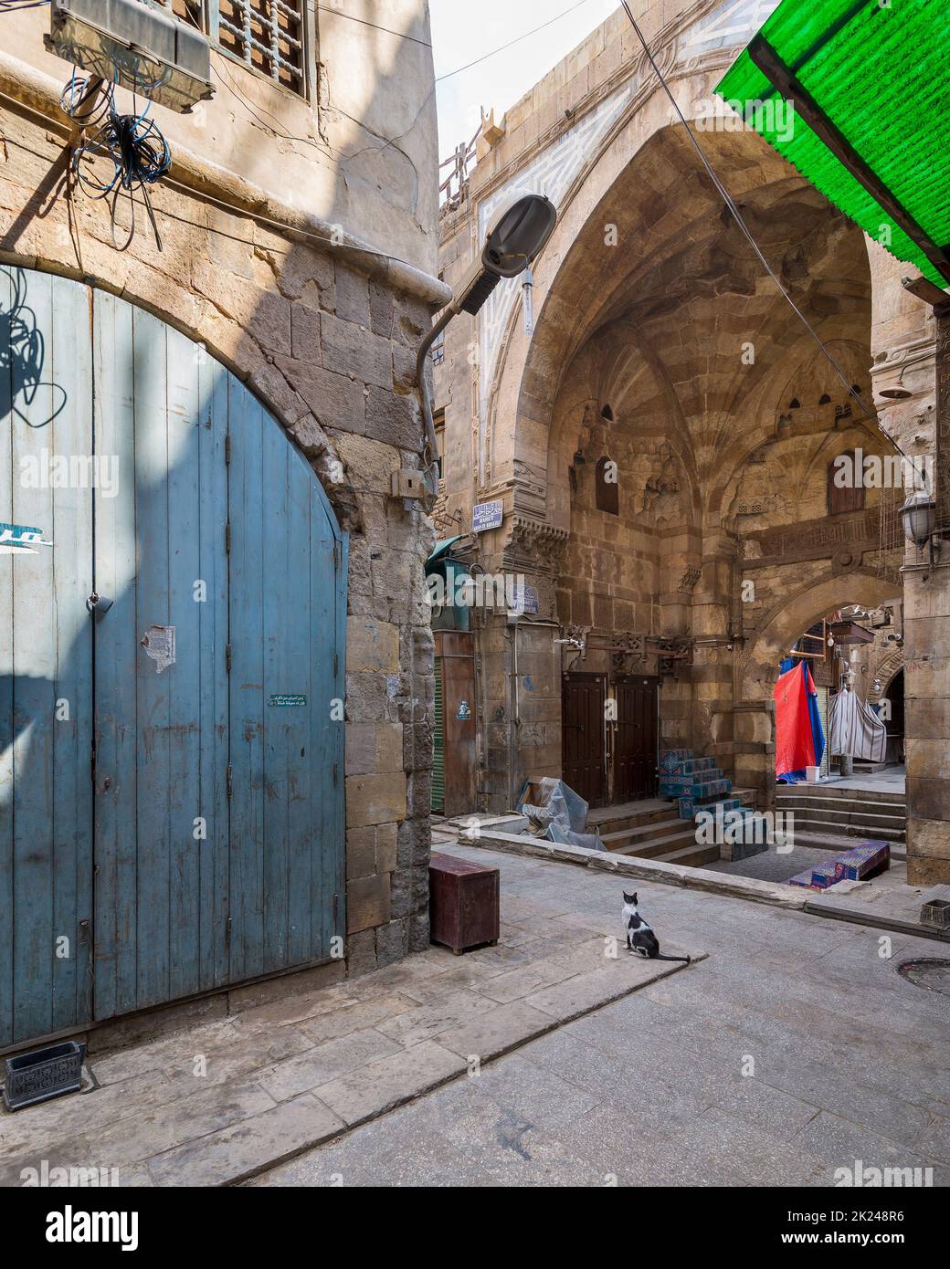 Cairo, Egypt- June 26 2020: Alleys of old historic Mamluk era Khan al-Khalili famous bazaar and souq, with closed shops during Covid-19 lockdown Stock Photo
