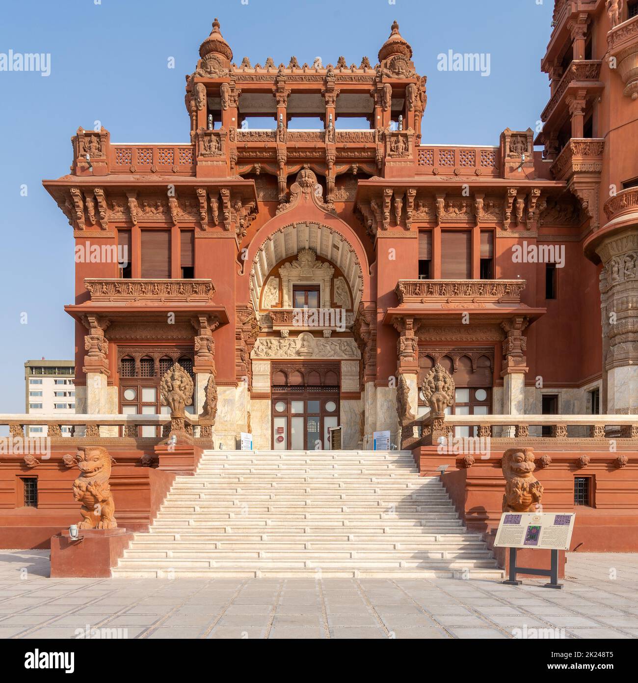 Front facade of Baron Empain Palace, a historic mansion inspired by the Cambodian Hindu temple of Angkor Wat, located in Heliopolis district, Cairo, E Stock Photo