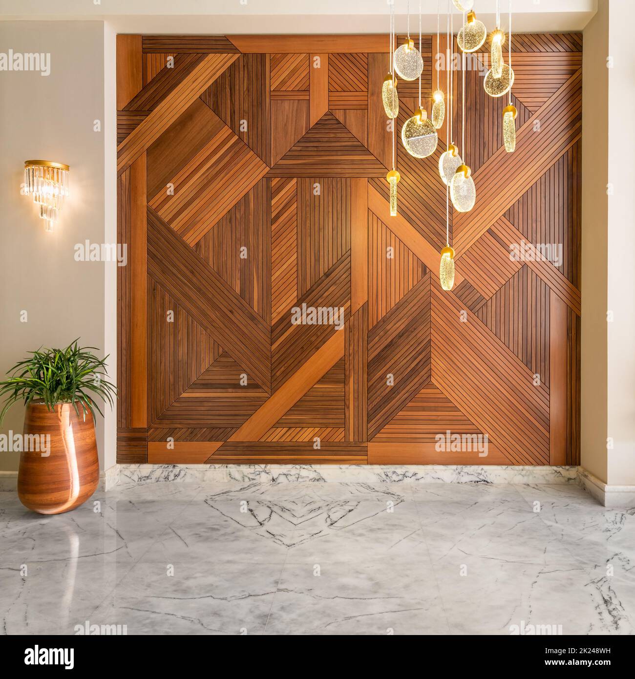 Hall with wood cladding wall decorated with geometrical patterns, tall ...