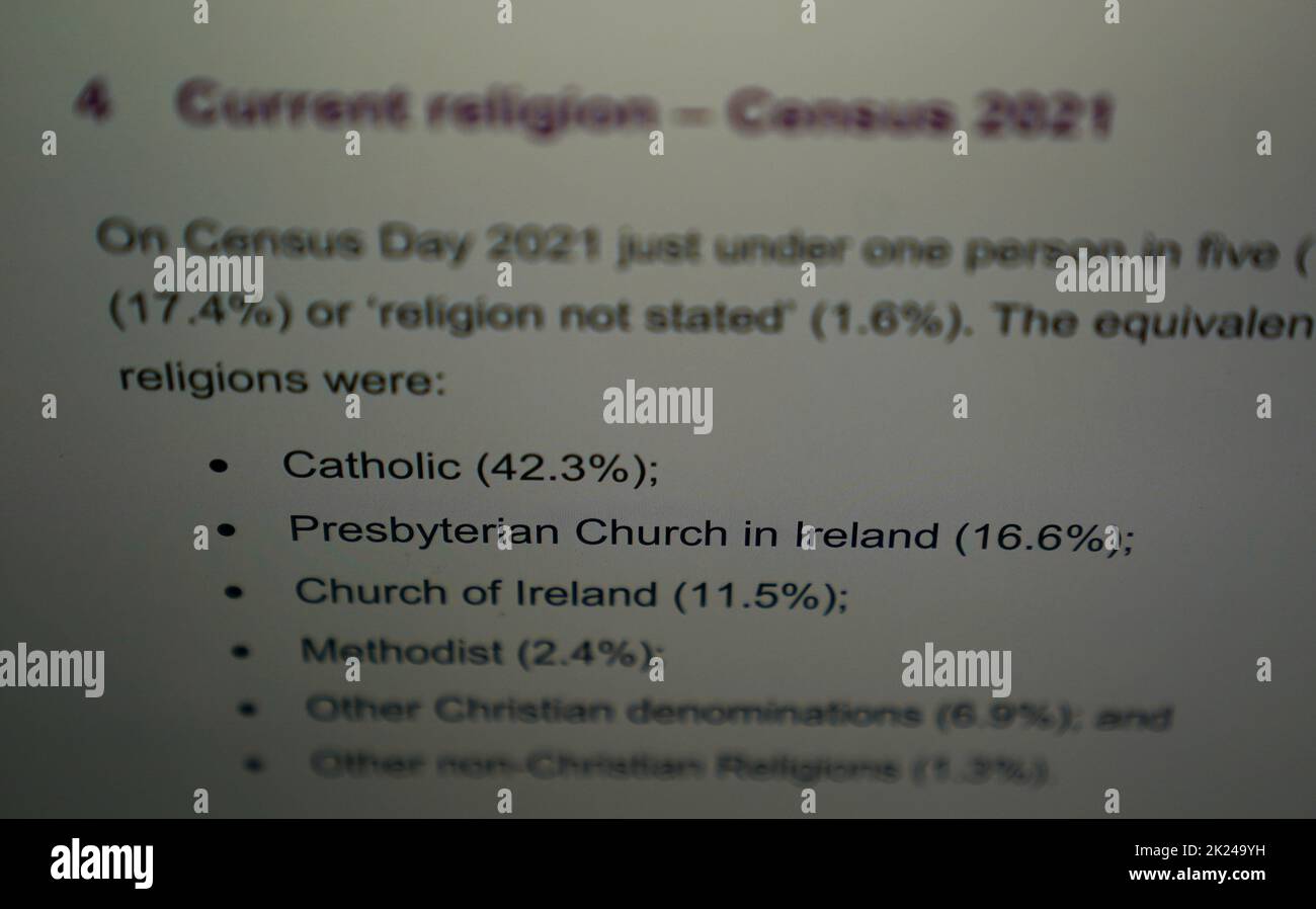 A laptop displays the religion section of the NI Census 2021 figures which have been published today. Catholics outnumber Protestants in Northern Ireland for the first time since the partition of the island, census figures show. Picture date: Thursday September 22, 2022. Stock Photo