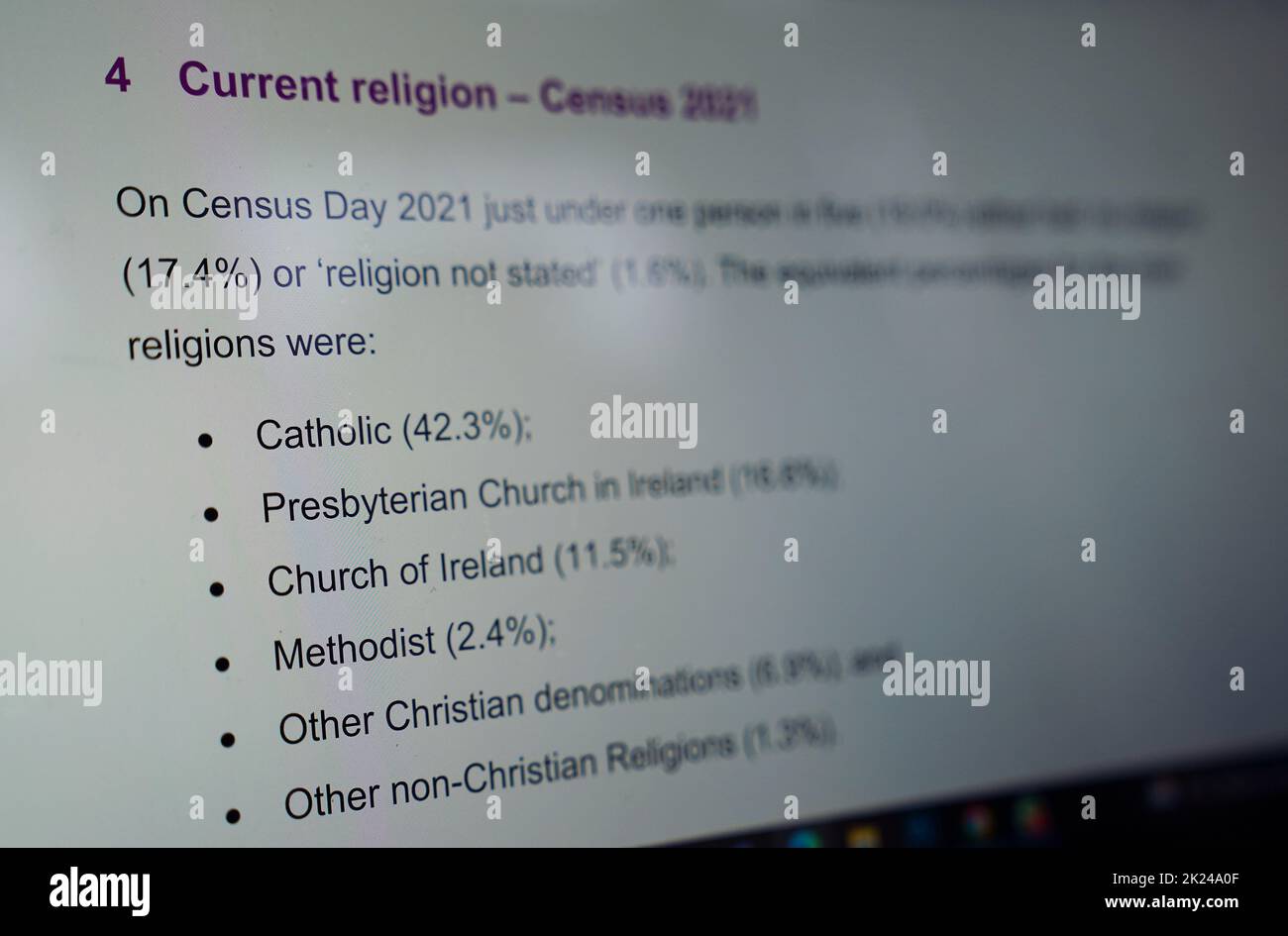A laptop displays the religion section of the NI Census 2021 figures which have been published today. Catholics outnumber Protestants in Northern Ireland for the first time since the partition of the island, census figures show. Picture date: Thursday September 22, 2022. Stock Photo