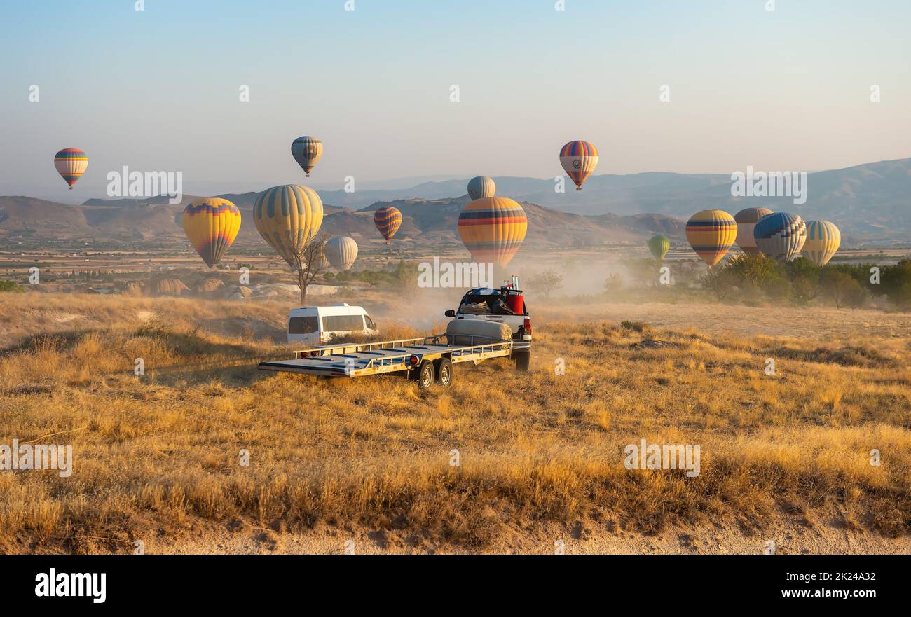 Hot air balloons flying over Cappadocia, Turkey Stock Photo
