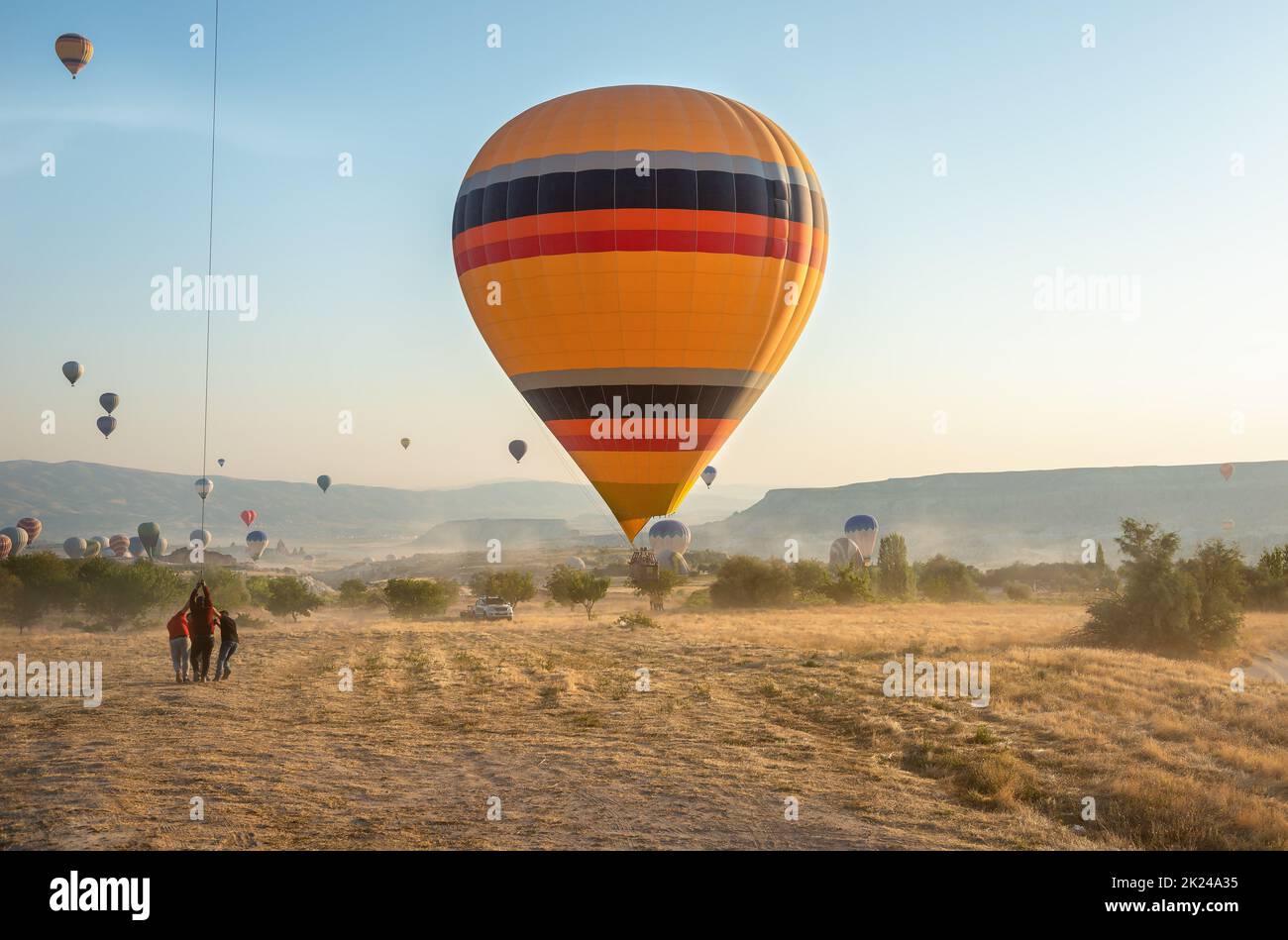 Hot air balloons flying over Cappadocia, Turkey Stock Photo