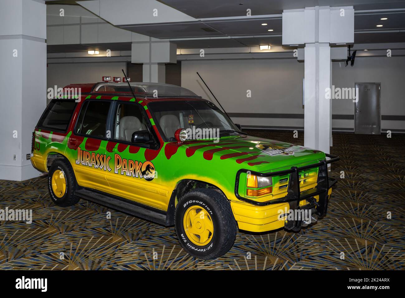 DETROIT, MI/USA - SEPTEMBER 15, 2022: A Jurassic Park Ford Explorer tour SUV at the North American International Detroit Auto Show (NAIAS). Stock Photo