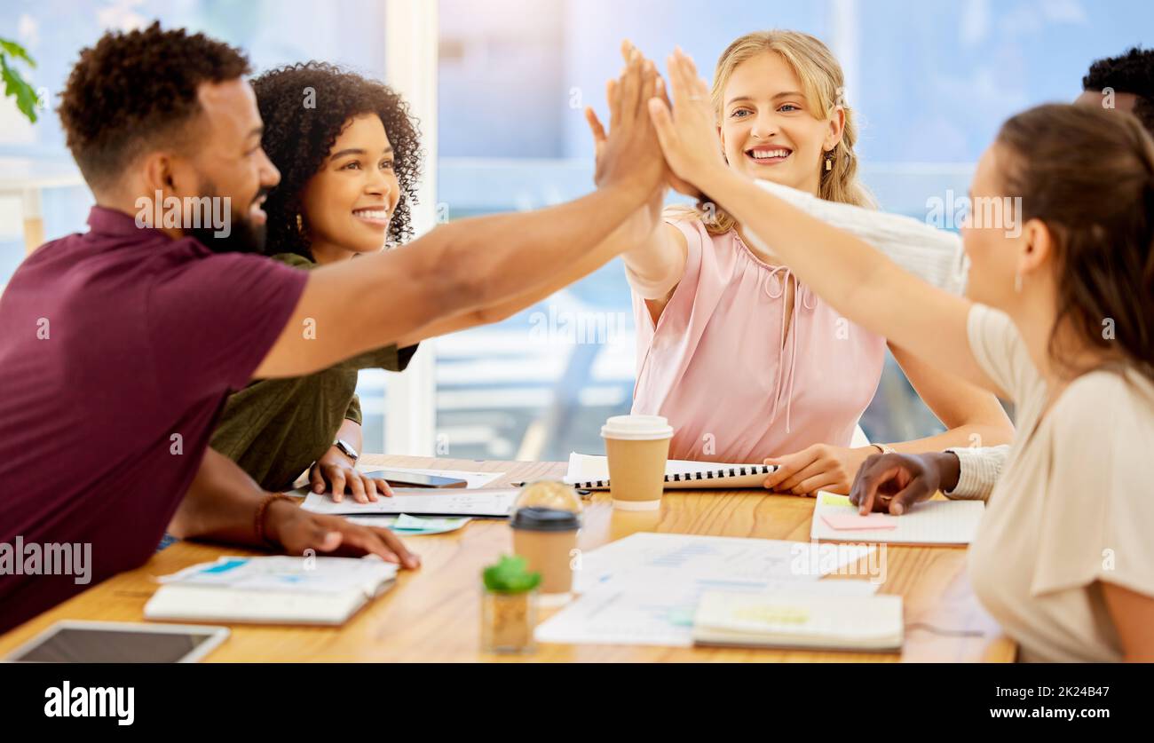 High five, success or global business collaboration in teamwork with
