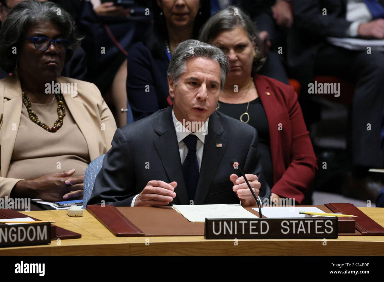 U.S. Secretary of State Antony Blinken speaks during a high level meeting of the United Nations Security Council on the situation amid Russia's invasion of Ukraine, at the 77th Session of the United Nations General Assembly at U.N. Headquarters in New York City, U.S., September 22, 2022. REUTERS/Brendan McDermid Stock Photo