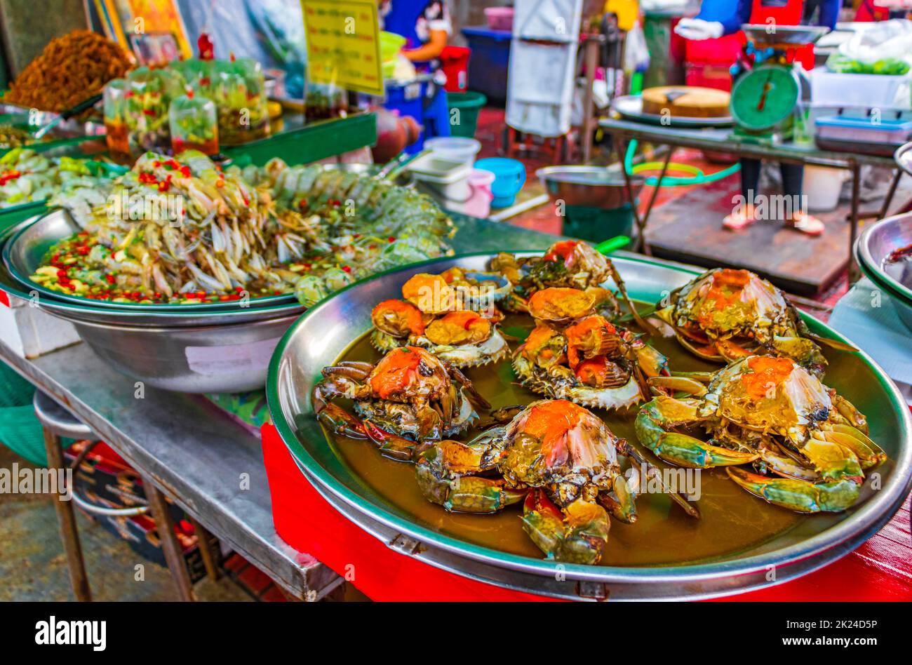 Selection of seafood Thai food and Chinese cuisine in street food old ...