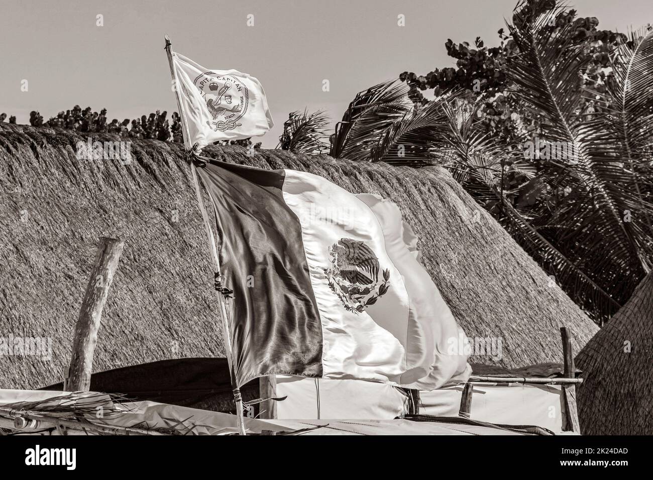 Holbox Mexico 21. December 2021 Black and white picture of a mexican green white red flag on beautiful Holbox island with blue sky and palm trees in Q Stock Photo