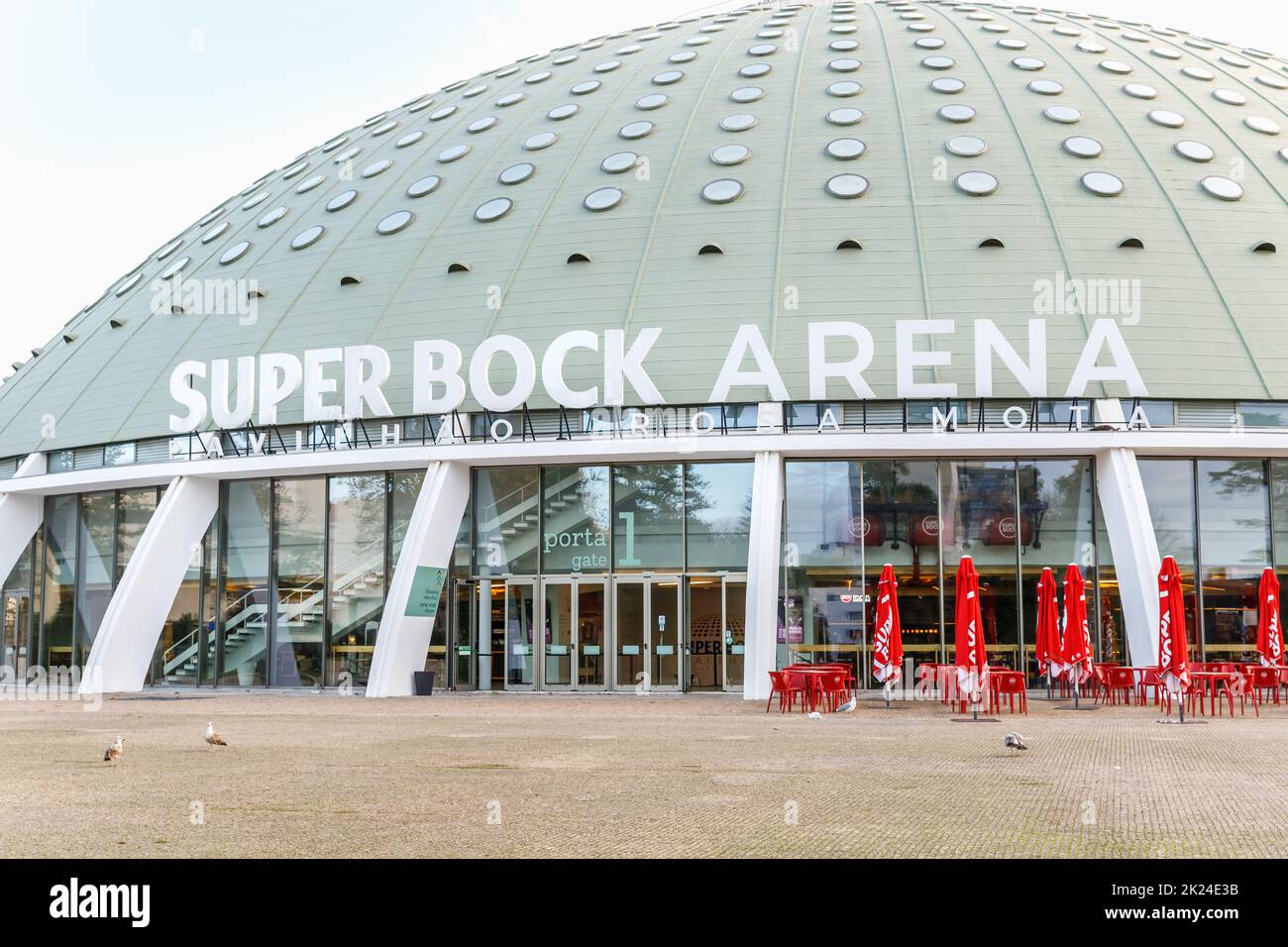 Porto, Portugal - October 23, 2020: facade and street atmosphere of the Super Bock Arena pavilion Rosa Mota, a large performance hall in the city on a Stock Photo