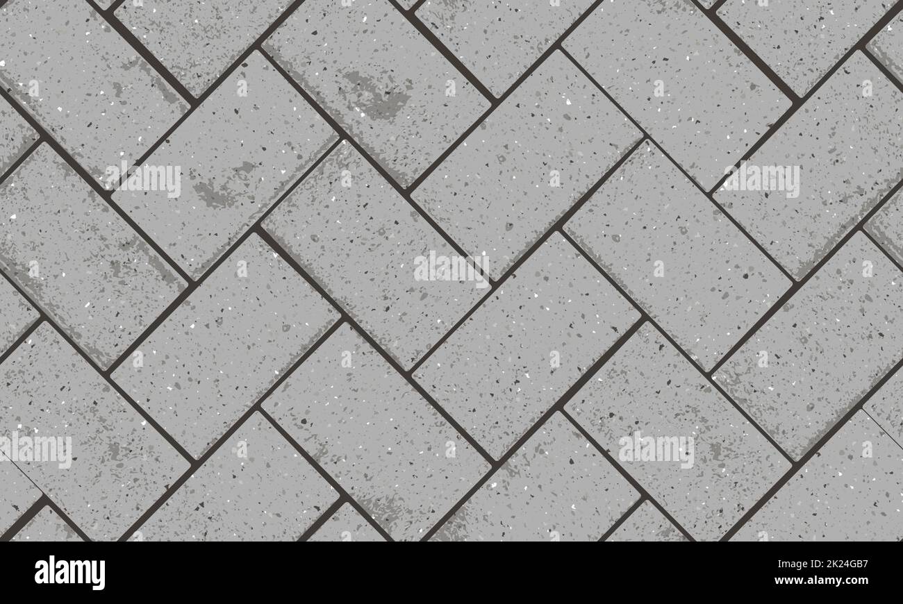 Seamless pattern of pavement with herringbone textured bricks. Vector pathway texture top view. Outdoor concrete slab sidewalk. Cobblestone footpath o Stock Vector