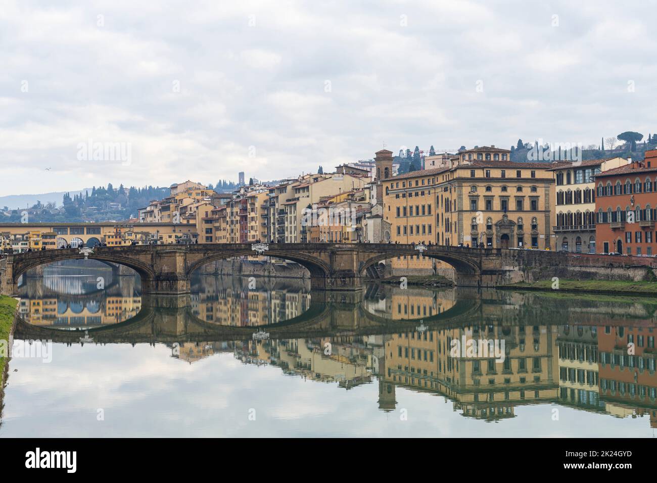 Florence, Italy. January 2022. Santa Trinita bridge on the Arno river ...
