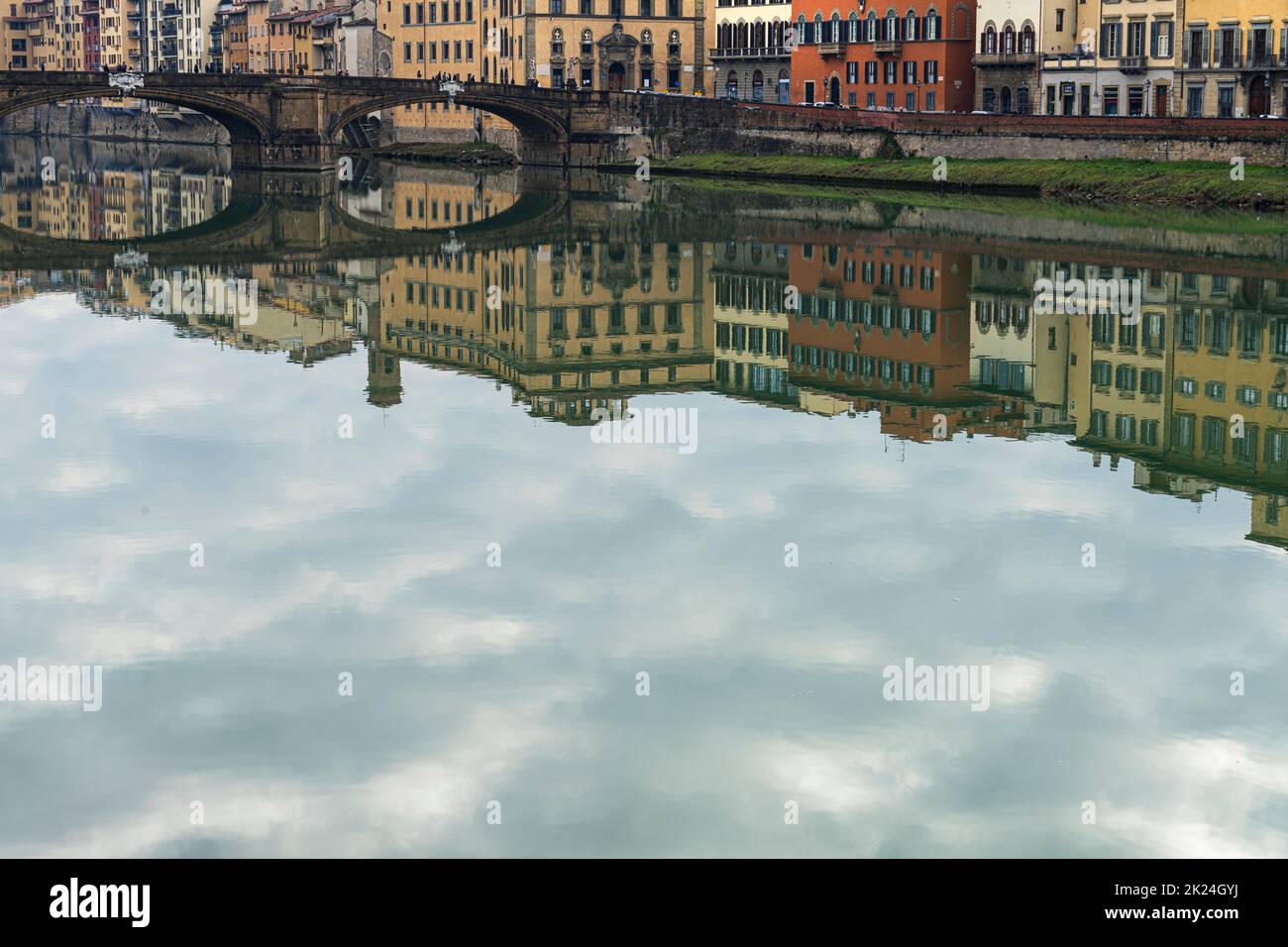 Florence, Italy. January 2022. Santa Trinita bridge on the Arno river ...