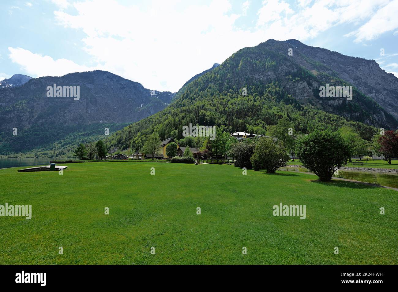Beautiful scenic landscape over Austrian alps meadow in Hallstatt, Salzkammergut, Austria. Stock Photo