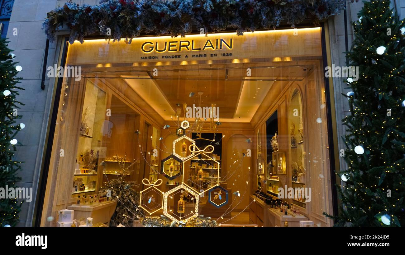 Paris, France - January 01, 2022: Famous luxury perfumer located near Place Vendome. Facade of a Guerlain store. Stock Photo